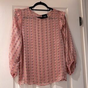 W5 Orange Pattered Ruffle Long Sleeve Sheer Top Size M
